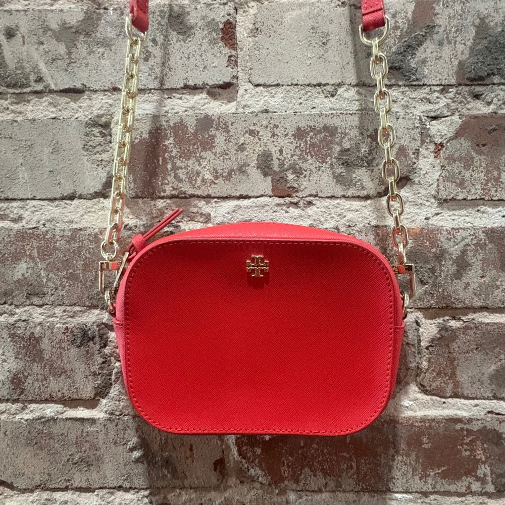 Tory Burch Emerson Red Saffiano Leather Camera Crossbody Bag Gold Chain Strap - Picture 3 of 6